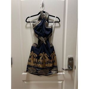 Lace The Label Navy Blue gold jacquard Palm cut out mini dress NWT$440